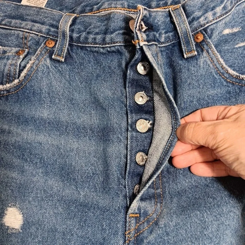 Levi's 501 Men's Jeans W32 L25 Blue Distressed Ripped Button Fly Straight Leg De